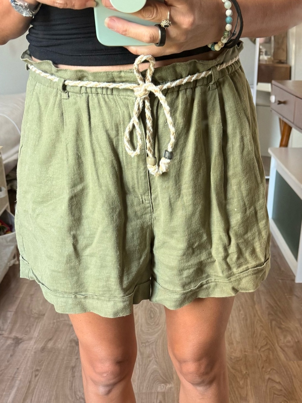Zara Olive Green Drawstring Linen-Blend Bermuda Shorts